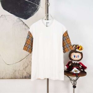 Burberry White Tee with Tan Plaid Sleeves